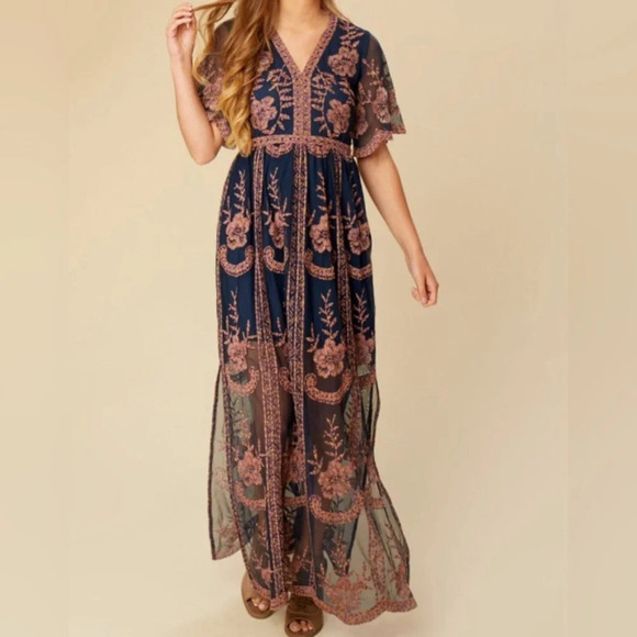 Altar'd State Catania Lace Mesh Embroidered Bohemian Maxi Dress Women's size S - Picture 2 of 10